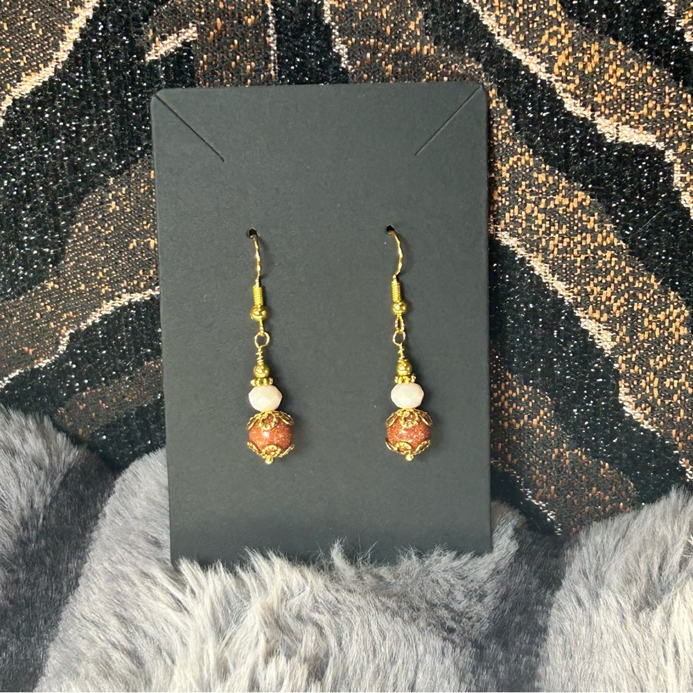 Handcrafted elegant filigree bead capped goldstone faceted crystal earrings